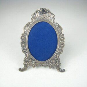 Antique Silver 800 Ornate Oval Picture Frame Blue Velvet Table Top Easel 1920s